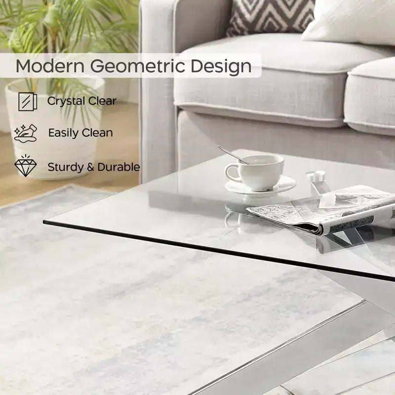 Tavolino da caffè moderno Probe Hues con piano in vetro temperato e gambe geometriche in metallo per soggiorno