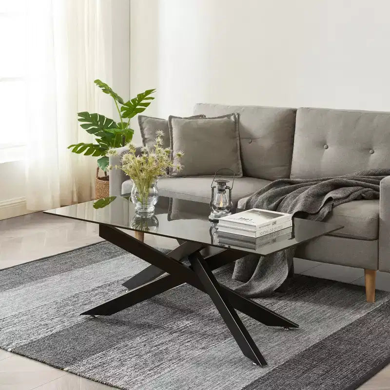 Probe Hues Modern Glass Coffee Table with Tempered Top and Geometric Metal Legs for Living Room