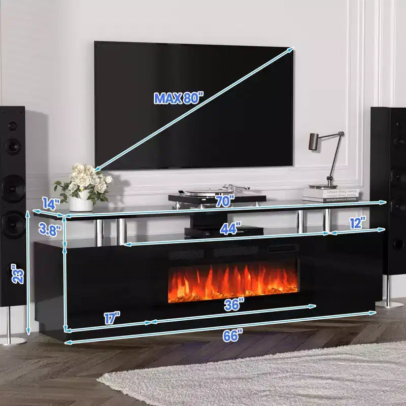 Mobile TV moderno con camino a controllo duale, 12 colori fiamma, letto di braci, ampio spazio di archiviazione, gestione cavi, consolle multimediale da 70" per soggiorno, nero