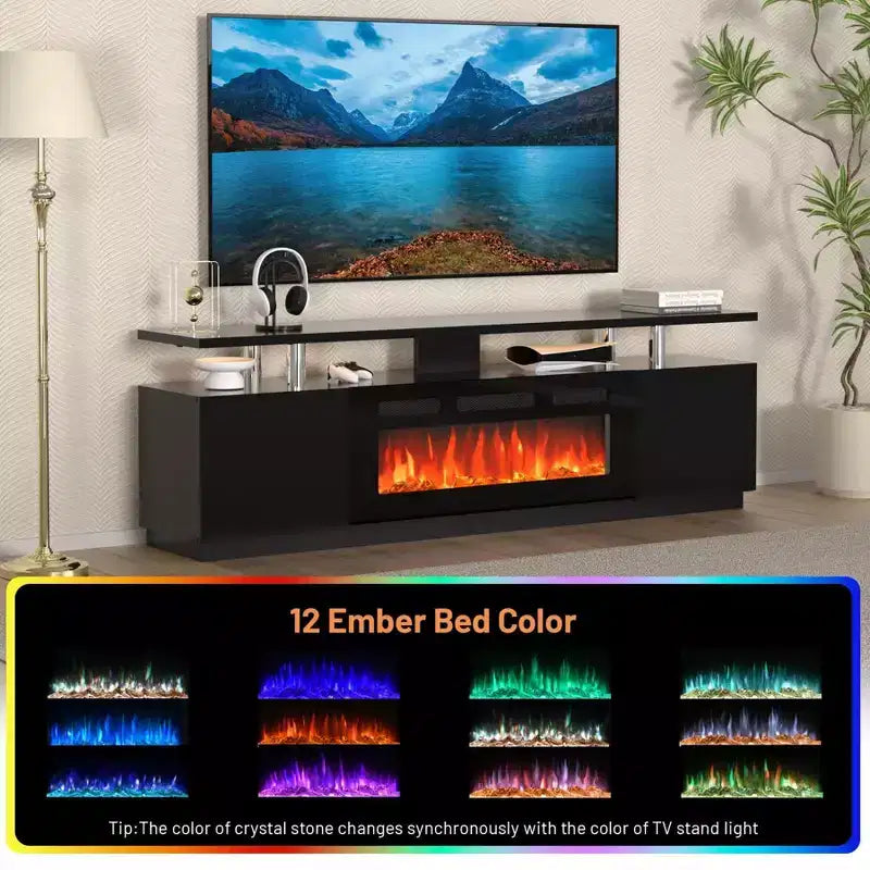 Mobile TV moderno con camino a controllo duale, 12 colori fiamma, letto di braci, ampio spazio di archiviazione, gestione cavi, consolle multimediale da 70" per soggiorno, nero