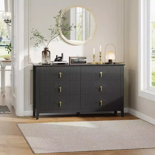 Commode 6 tiroirs pour chambre à coucher, commode en bois de 137 cm de large avec poignées métalliques, organiseur de rangement pour vêtements à cannelures, meuble TV pour couloir