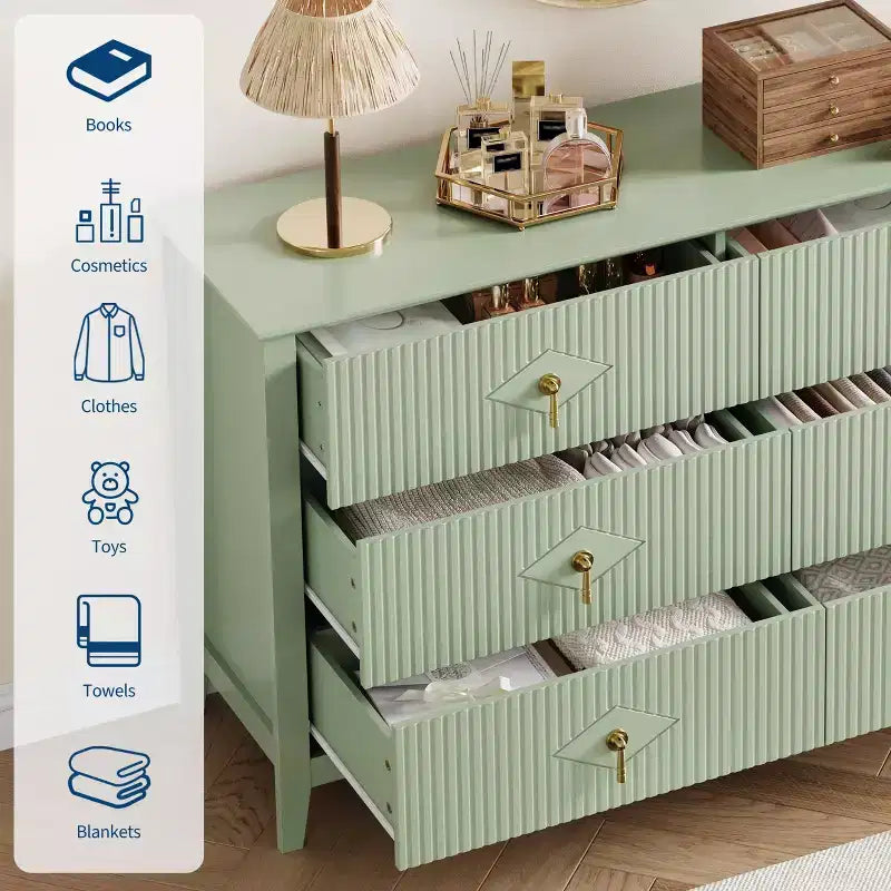 Cassettiera a 6 cassetti per camera da letto, comò in legno da 54W con maniglie in metallo, organizer per vestiti a coste, mobile TV per corridoio