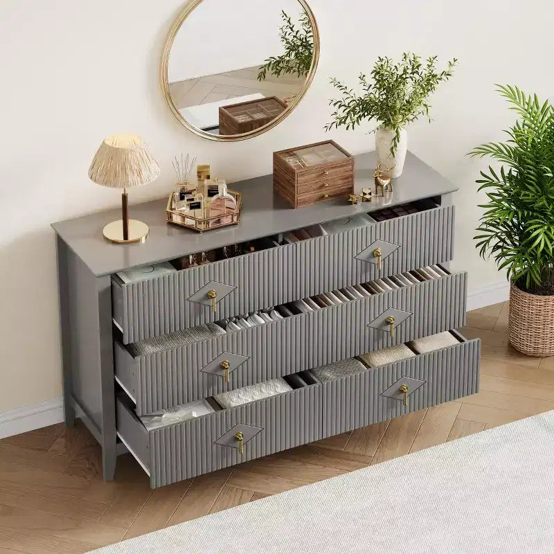 Cassettiera a 6 cassetti per camera da letto, comò in legno da 54W con maniglie in metallo, organizer per vestiti a coste, mobile TV per corridoio