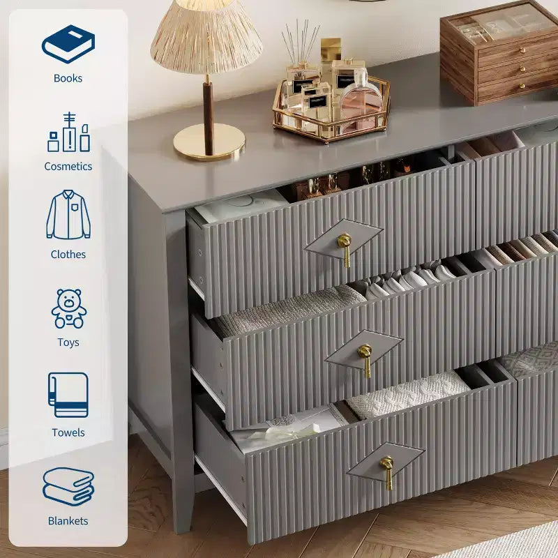 Cassettiera a 6 cassetti per camera da letto, comò in legno da 54W con maniglie in metallo, organizer per vestiti a coste, mobile TV per corridoio