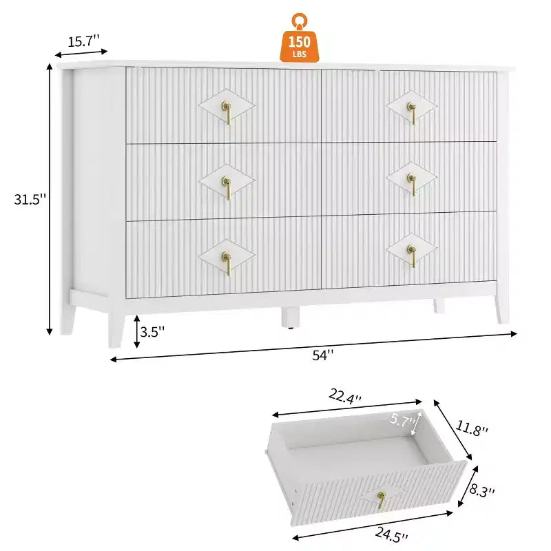 Cassettiera a 6 cassetti per camera da letto, comò in legno da 54W con maniglie in metallo, organizer per vestiti a coste, mobile TV per corridoio
