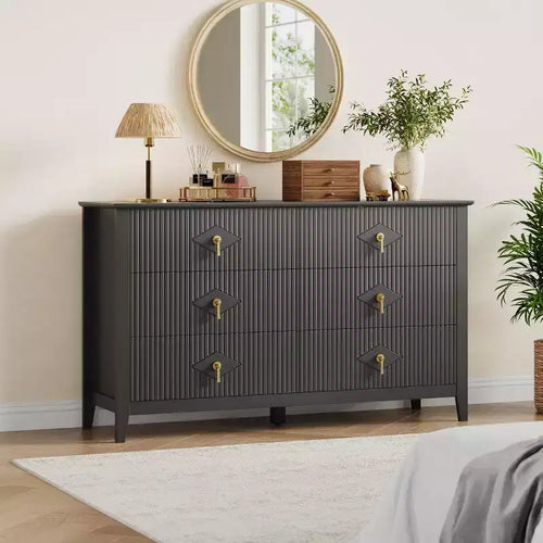 6 Drawer Dresser for Bedroom, 54W Wooden Chest of Drawers with Metal Handles, Fluted Clothes Storage Organizer, Dresser TV Stand for Hallway
