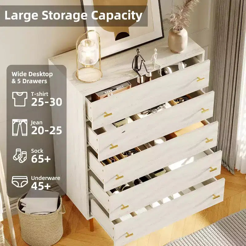 Acekool Cassettiera a 5 Cassetti, Comò Alto 44 con Maniglie a Barra, Organizer Contenitore Moderno Stile Fattoria per Camera da Letto, Soggiorno