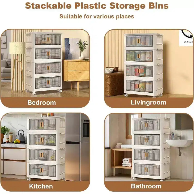 Acekool Contenitori Pieghevoli da 31,5 Pollici con Coperchio, Organizzatore Impilabile a 4 Livelli con Ante Magnetiche e Ruote per Soggiorno