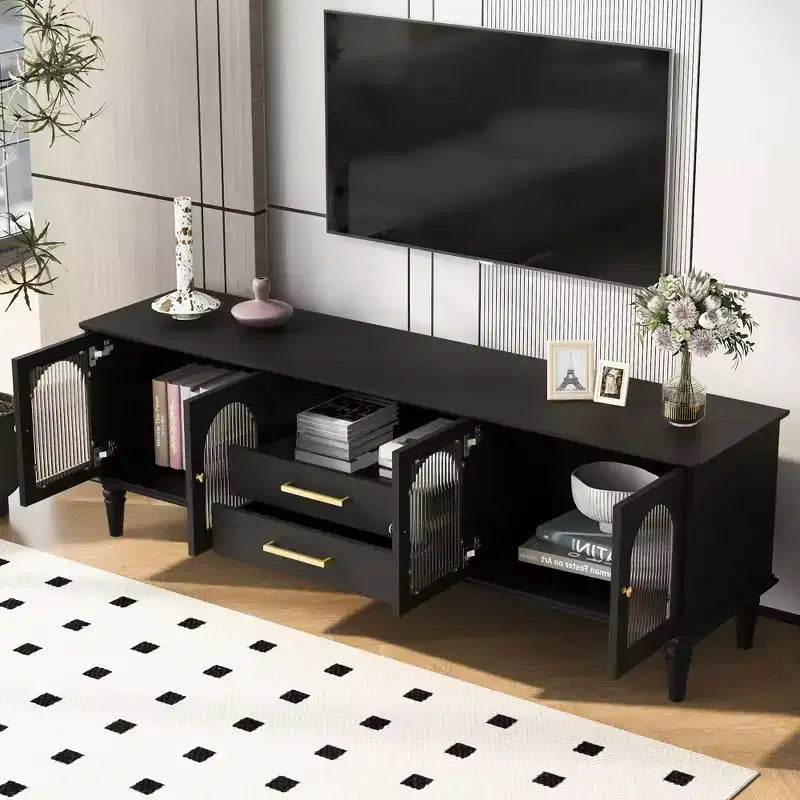 Mobile TV Bestier 69 retrò per TV fino a 75 pollici, mobile TV da soggiorno con ante ad arco in vetro scanalato, 2 cassetti portaoggetti
