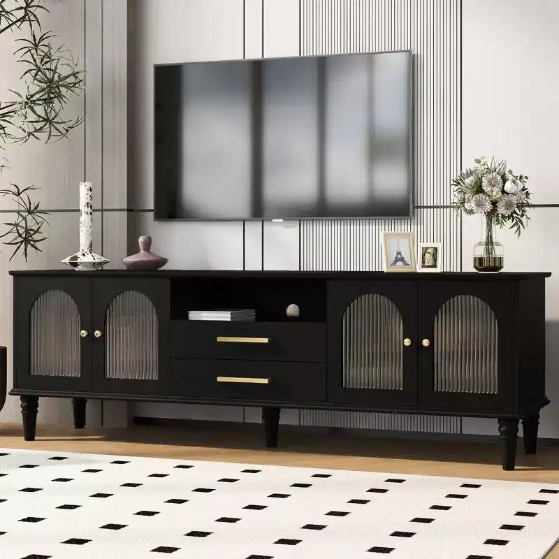 Mobile TV Bestier 69 retrò per TV fino a 75 pollici, mobile TV da soggiorno con ante ad arco in vetro scanalato, 2 cassetti portaoggetti