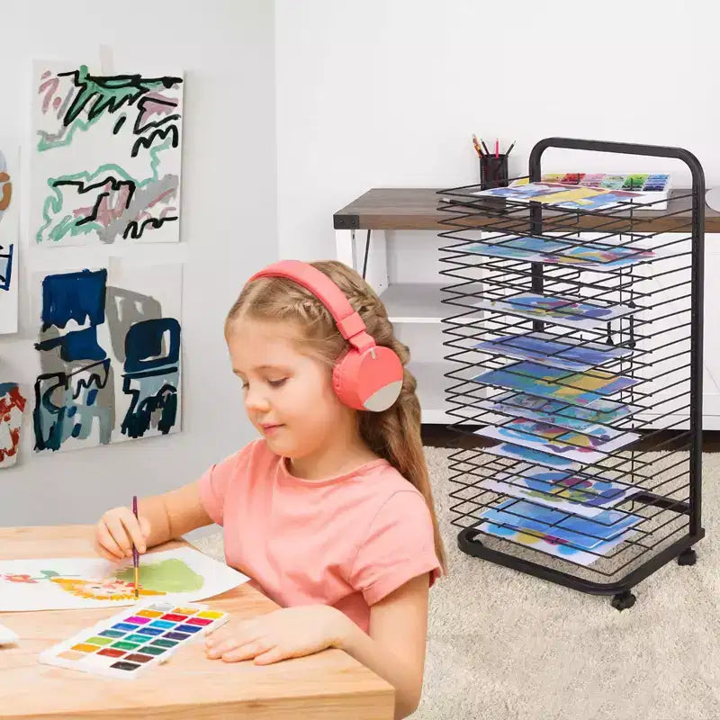 Carrello Essiccatoio per Pitture, Rastrelliera Essiccatoio per Dipinti - 25 Ripiani Rimovibili, Mobile in Metallo per Aula, Studi d'Arte, 13.5x17.5x41.5