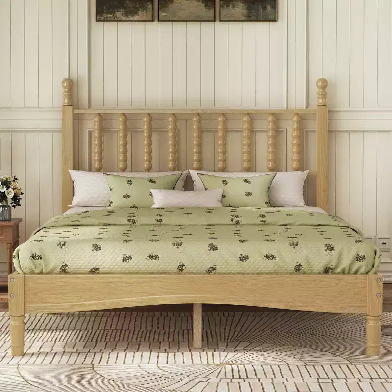 Letto a piattaforma in legno Full/King Size con testiera a zucca, telaio del letto in stile retrò, nessuna rete a molle necessaria, noce/naturale - ModernLuxe