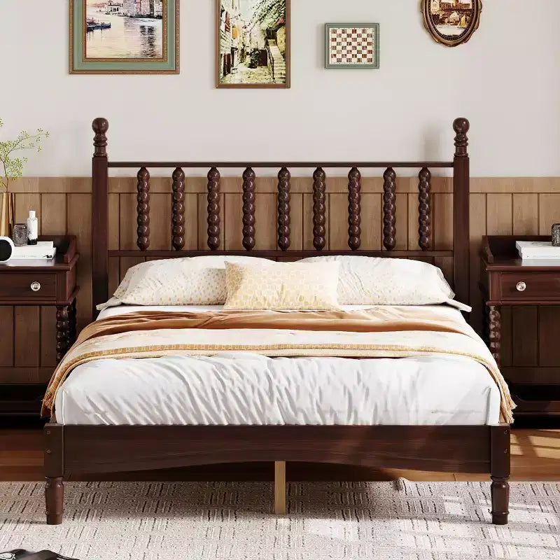 Letto a piattaforma in legno Full/King Size con testiera a zucca, telaio del letto in stile retrò, nessuna rete a molle necessaria, noce/naturale - ModernLuxe