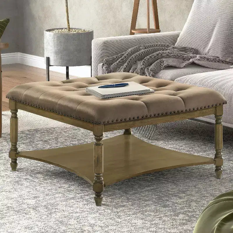 Galano Marcello Upholstered Coffee Table - Antique Oak/Velvet Brown