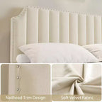 Struttura letto king size in velluto, testiera e pediera alte 127,5 cm, struttura letto king size imbottita con finiture borchiate, non è necessaria la rete a molle