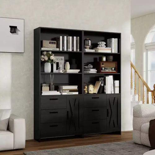 Étagère à 6 niveaux avec portes et tiroirs, bibliothèque avec 3 étagères ouvertes, étagère en bois avec armoire de rangement pour la maison, le bureau, le salon, la chambre à coucher
