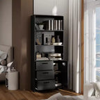 Libreria a 6 ripiani con ante e cassetti, libreria con 3 ripiani aperti, libreria in legno con armadietto per casa, ufficio, soggiorno, camera da letto