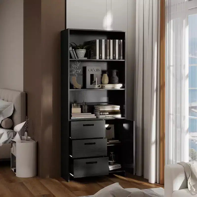 Libreria a 6 ripiani con ante e cassetti, libreria con 3 ripiani aperti, libreria in legno con armadietto per casa, ufficio, soggiorno, camera da letto