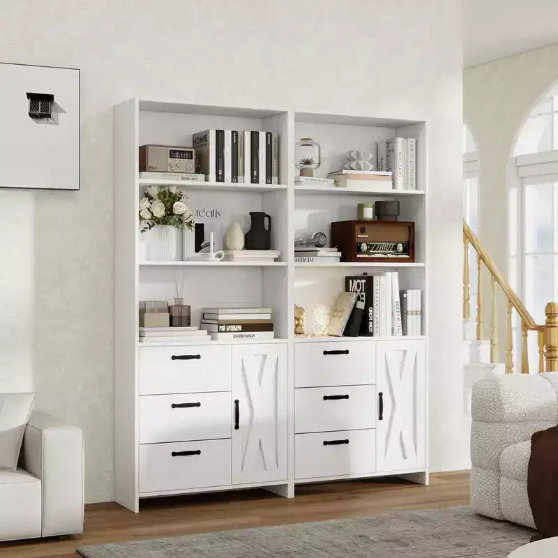 Libreria a 6 ripiani con ante e cassetti, libreria con 3 ripiani aperti, libreria in legno con armadietto per casa, ufficio, soggiorno, camera da letto