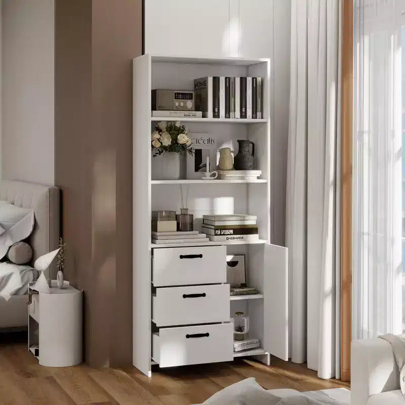 Libreria a 6 ripiani con ante e cassetti, libreria con 3 ripiani aperti, libreria in legno con armadietto per casa, ufficio, soggiorno, camera da letto