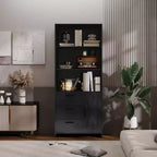 6-Tier Bookshelf with Doors Drawers, Bookcase with 3-Tier Open Shelves, Wood Book Shelf with Storage Cabinet for Home Office, Living Room, Bedroom