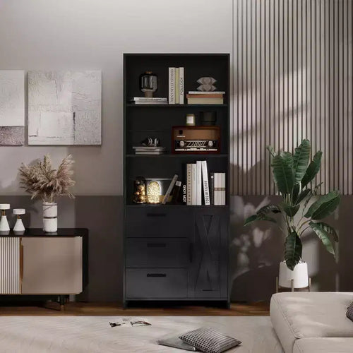6-Tier Bookshelf with Doors Drawers, Bookcase with 3-Tier Open Shelves, Wood Book Shelf with Storage Cabinet for Home Office, Living Room, Bedroom