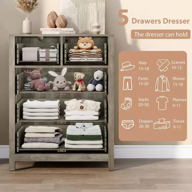 Comò a 5 cassetti, cassettiera organizer moderna con cassetti portaoggetti, cassettiere in legno per camera da letto, ingresso, corridoio