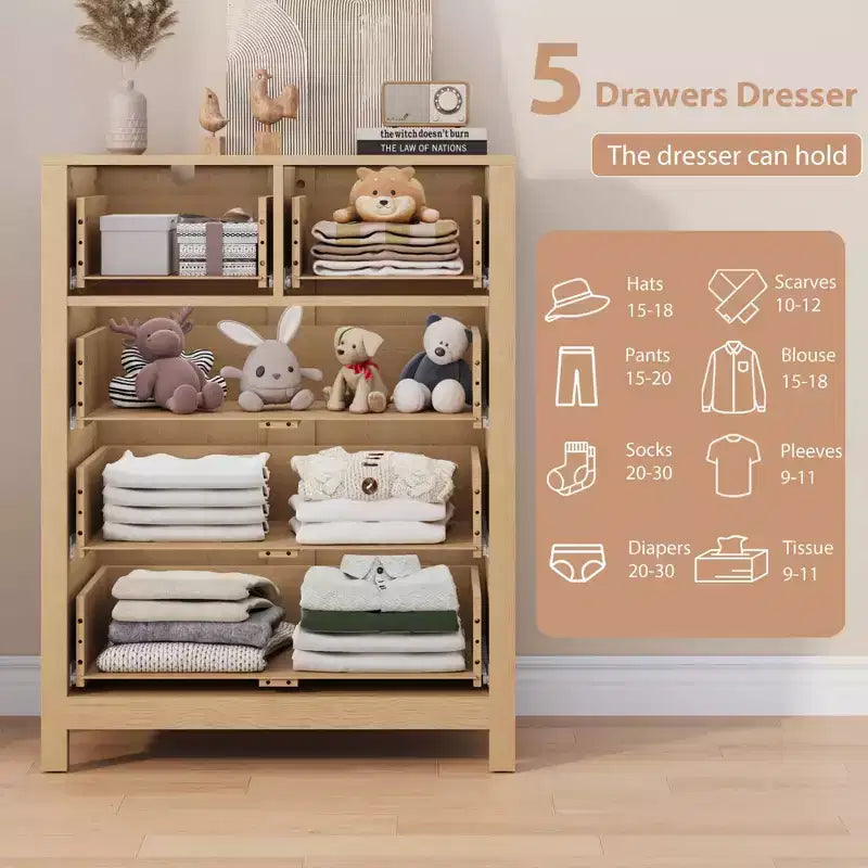 Comò a 5 cassetti, cassettiera organizer moderna con cassetti portaoggetti, cassettiere in legno per camera da letto, ingresso, corridoio