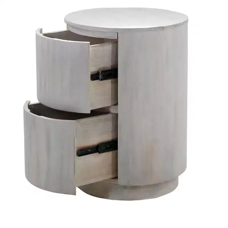 HomeRoots 24 Tavolino Tondo da Divano con Due Cassetti in Legno Massello Bianco