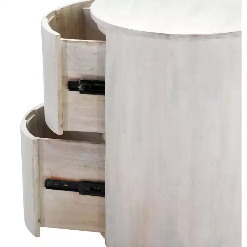 HomeRoots 24 Tavolino Tondo da Divano con Due Cassetti in Legno Massello Bianco