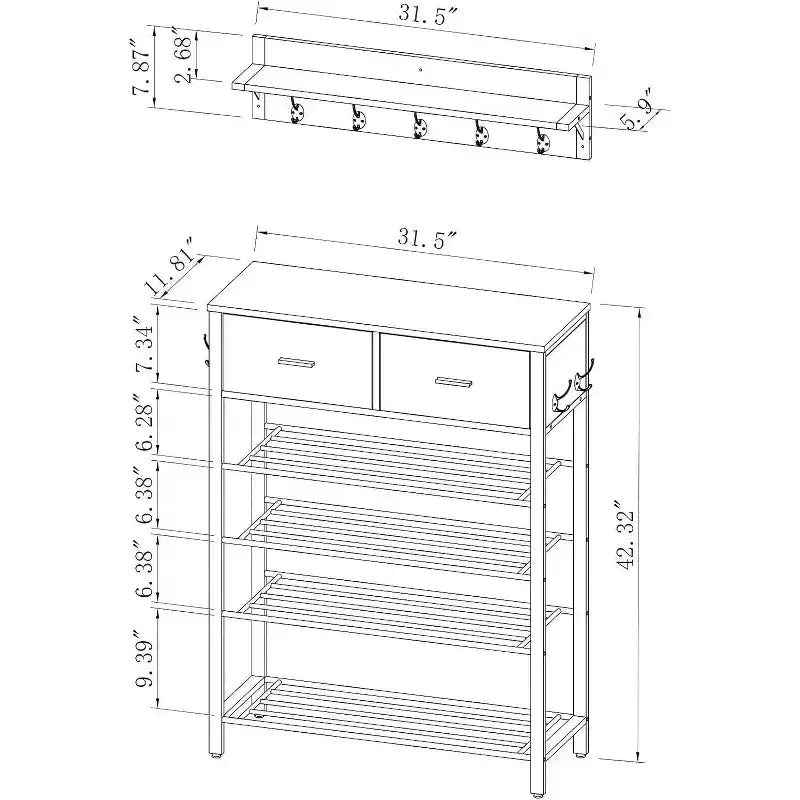 Scarpiera a 4 ripiani con 2 cassetti, scarpiera portaoggetti, set singolo, scarpiera da ingresso con contenitore e ganci, ingresso 80 x 30 x 107,5 cm