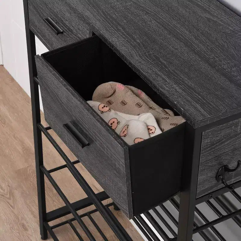 Scarpiera a 4 ripiani con 2 cassetti, scarpiera portaoggetti, set singolo, scarpiera da ingresso con contenitore e ganci, ingresso 80 x 30 x 107,5 cm