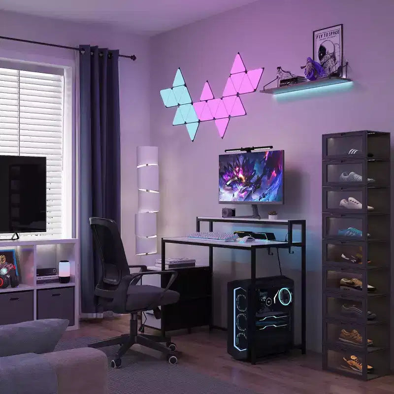 Scrivania da Gaming a LED Famapy, Scrivania da Computer con Telaio in Metallo, Presa di Corrente Integrata, Cassetti e Doppio Ripiano Rialzato