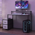 Scrivania da Gaming a LED Famapy, Scrivania da Computer con Telaio in Metallo, Presa di Corrente Integrata, Cassetti e Doppio Ripiano Rialzato