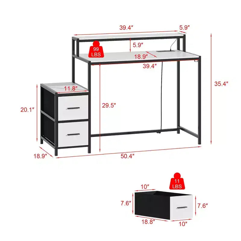 Scrivania da Gaming a LED Famapy, Scrivania da Computer con Telaio in Metallo, Presa di Corrente Integrata, Cassetti e Doppio Ripiano Rialzato