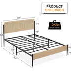 Coolmee Letto Matrimoniale/Queen Size con testiera in rattan naturale e pediera in legno massello, giroletto con spazio contenitore sotto il letto