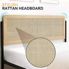 Coolmee Letto Matrimoniale/Queen Size con testiera in rattan naturale e pediera in legno massello, giroletto con spazio contenitore sotto il letto