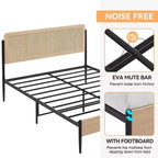 Coolmee Letto Matrimoniale/Queen Size con testiera in rattan naturale e pediera in legno massello, giroletto con spazio contenitore sotto il letto