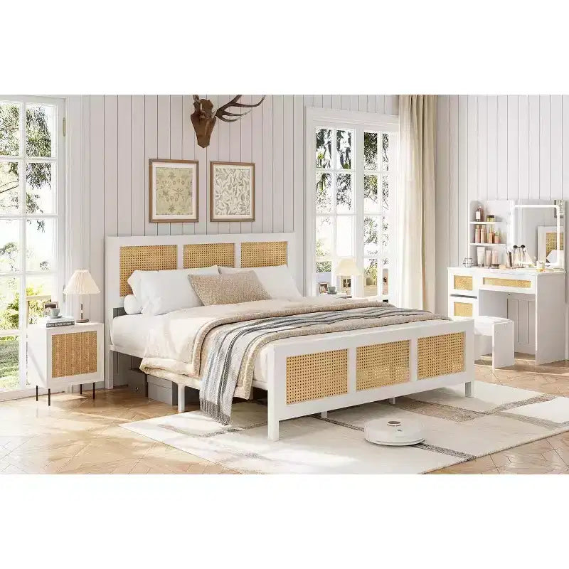 Coolmee Letto Matrimoniale King Size in Rattan con Testiera, Struttura Letto Boho con Rete Metallica Robusta, Silenzioso, Nessuna Molla Richiesta