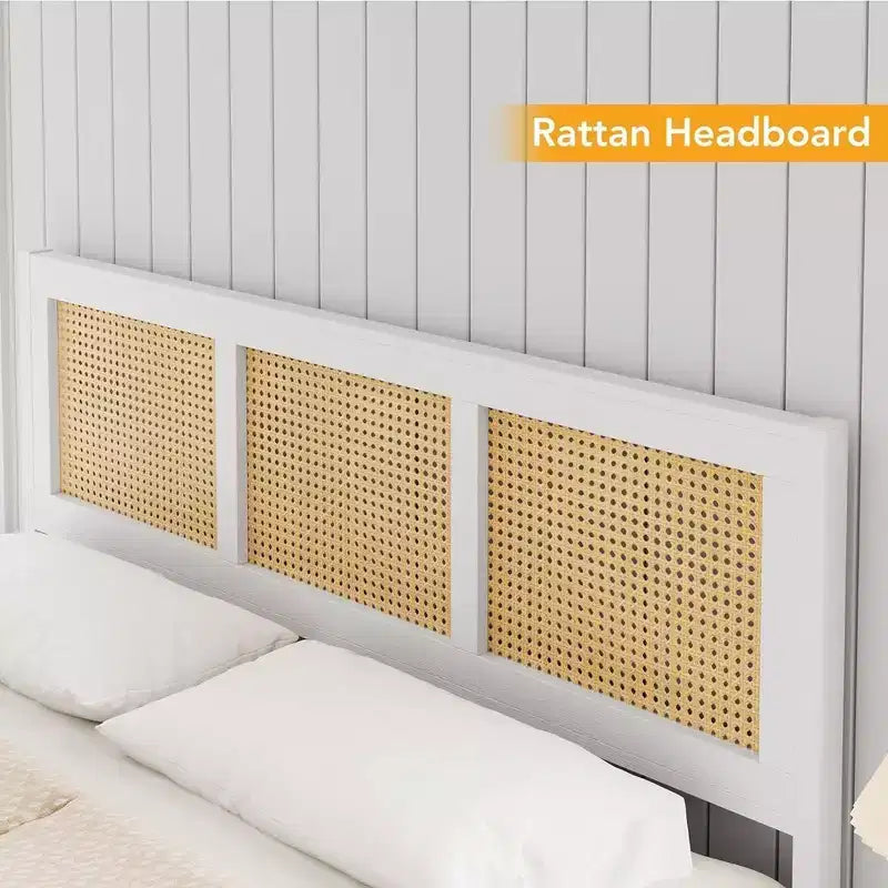 Coolmee Letto Matrimoniale King Size in Rattan con Testiera, Struttura Letto Boho con Rete Metallica Robusta, Silenzioso, Nessuna Molla Richiesta