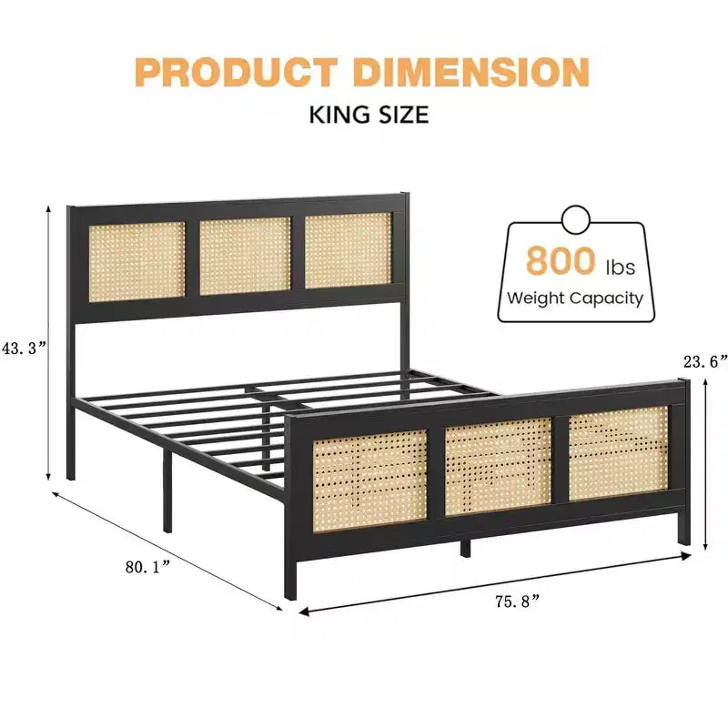 Coolmee Letto Matrimoniale King Size in Rattan con Testiera, Struttura Letto Boho con Rete Metallica Robusta, Silenzioso, Nessuna Molla Richiesta