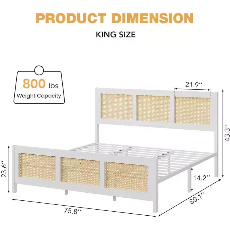 Coolmee Letto Matrimoniale King Size in Rattan con Testiera, Struttura Letto Boho con Rete Metallica Robusta, Silenzioso, Nessuna Molla Richiesta