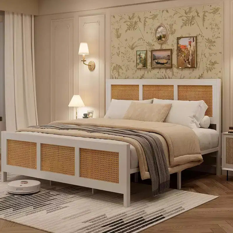 Coolmee Letto Matrimoniale King Size in Rattan con Testiera, Struttura Letto Boho con Rete Metallica Robusta, Silenzioso, Nessuna Molla Richiesta