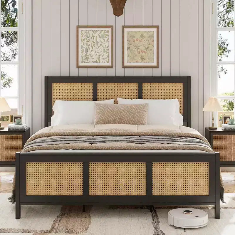 Coolmee King Size Rattan Bed Frame with Headboard, Boho Cane Platform Bed Frame with Strong Metal Slat, Noise Free, No Box Spring Needed