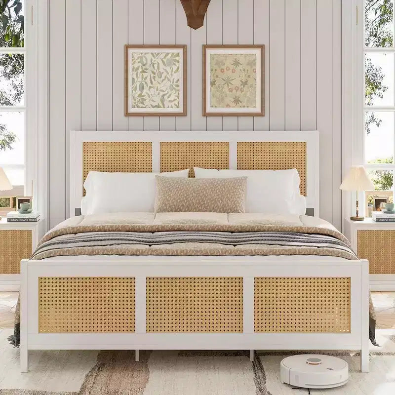 Coolmee Letto Matrimoniale King Size in Rattan con Testiera, Struttura Letto Boho con Rete Metallica Robusta, Silenzioso, Nessuna Molla Richiesta