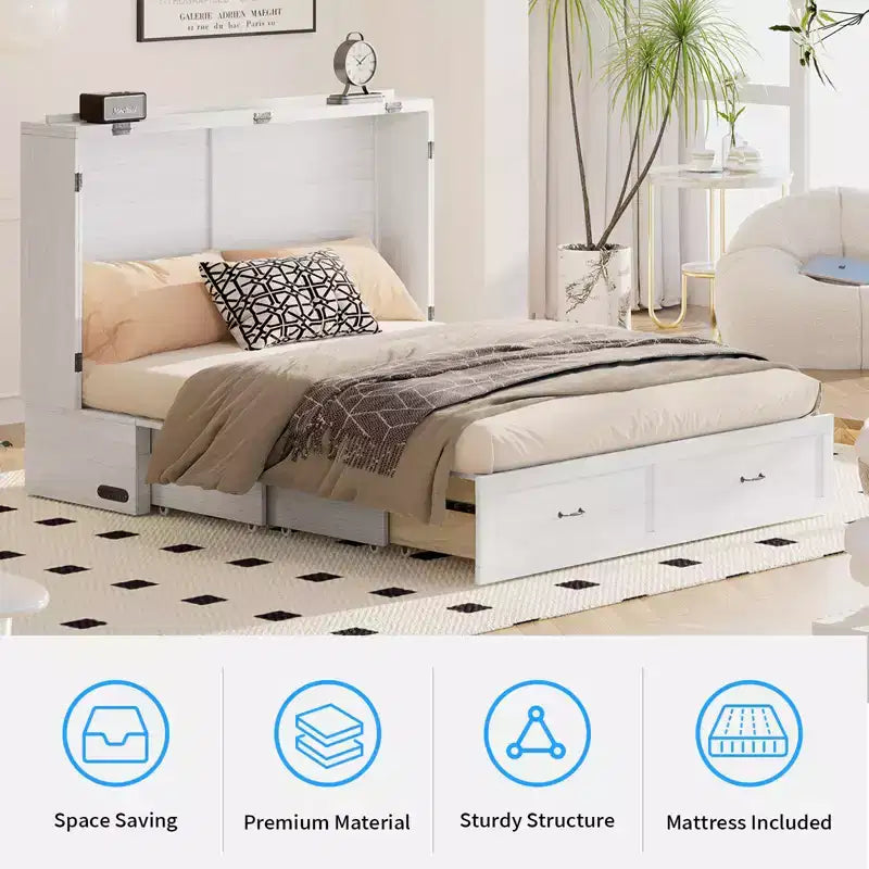 Mjkone Letto a scomparsa matrimoniale moderno con porte USB, cassetti e materasso da 4,7''