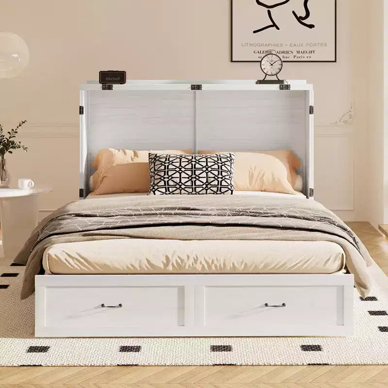 Mjkone Letto a scomparsa matrimoniale moderno con porte USB, cassetti e materasso da 4,7''