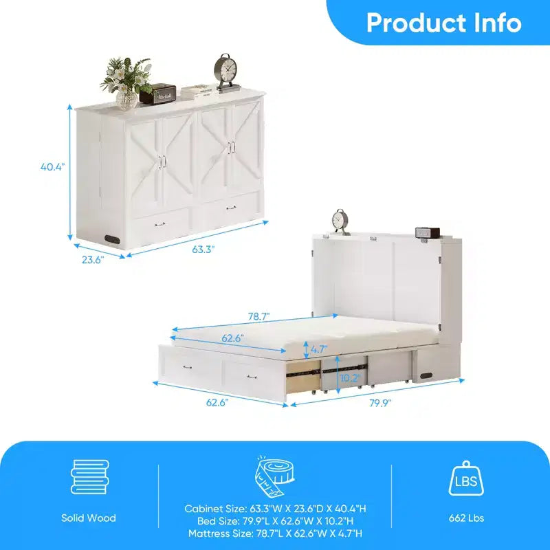 Mjkone Letto a scomparsa matrimoniale moderno con porte USB, cassetti e materasso da 4,7''