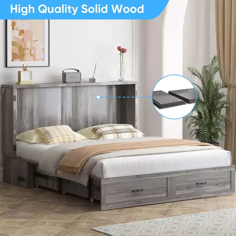 Mjkone Letto a scomparsa matrimoniale moderno con porte USB, cassetti e materasso da 4,7''
