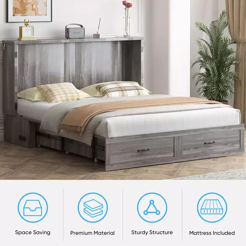 Mjkone Letto a scomparsa matrimoniale moderno con porte USB, cassetti e materasso da 4,7''